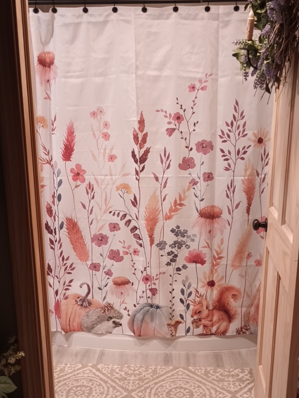 Floral Autumn Shower Curtain W Squirrel, Hedgehog & Pumpkin Design - Fall Colors